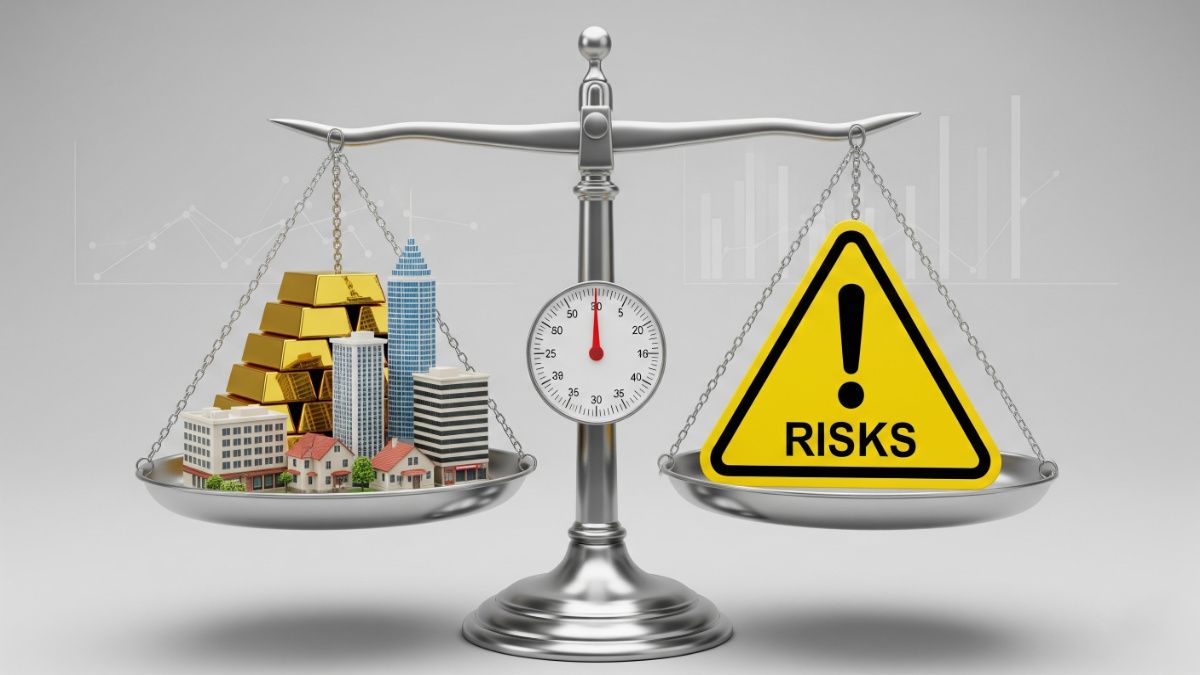 A balanced scale, one side with gold bars and real estate buildings, other side with “Risks” symbol like warning sign, neutral finance infographic style.