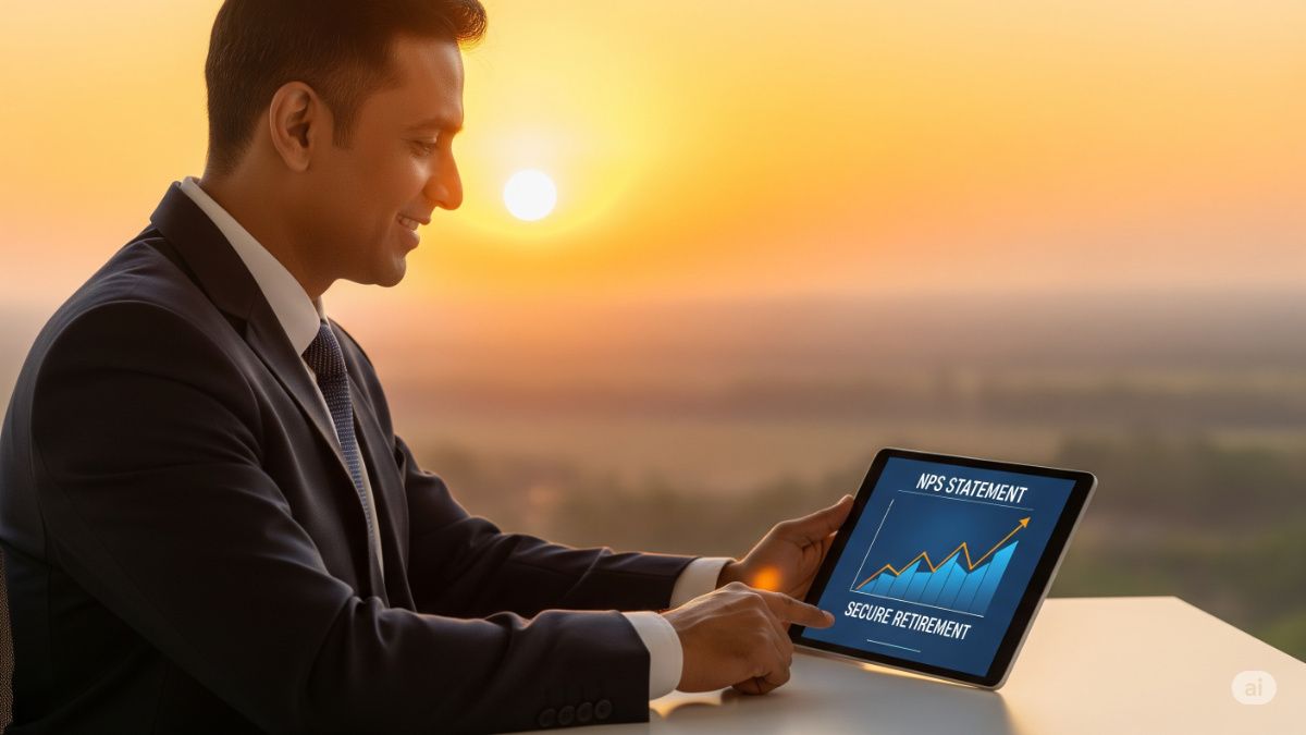 Confident Indian professional reviewing NPS statement on tablet