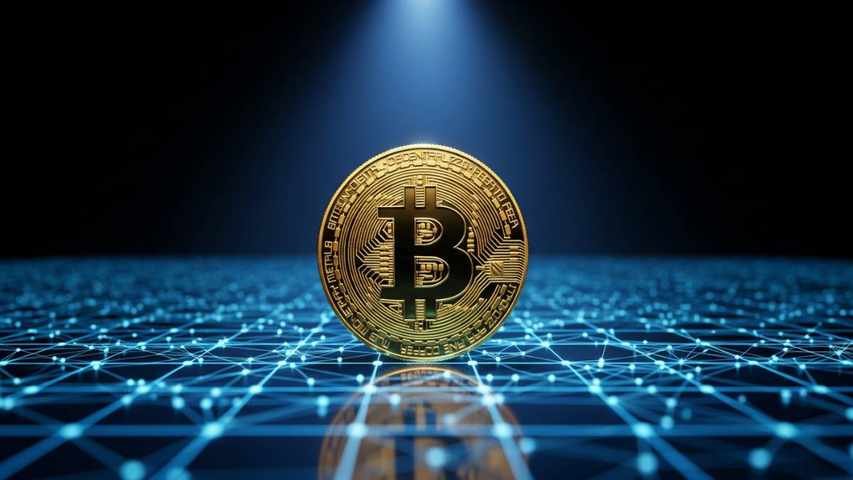 Golden Bitcoin standing on glowing digital grid