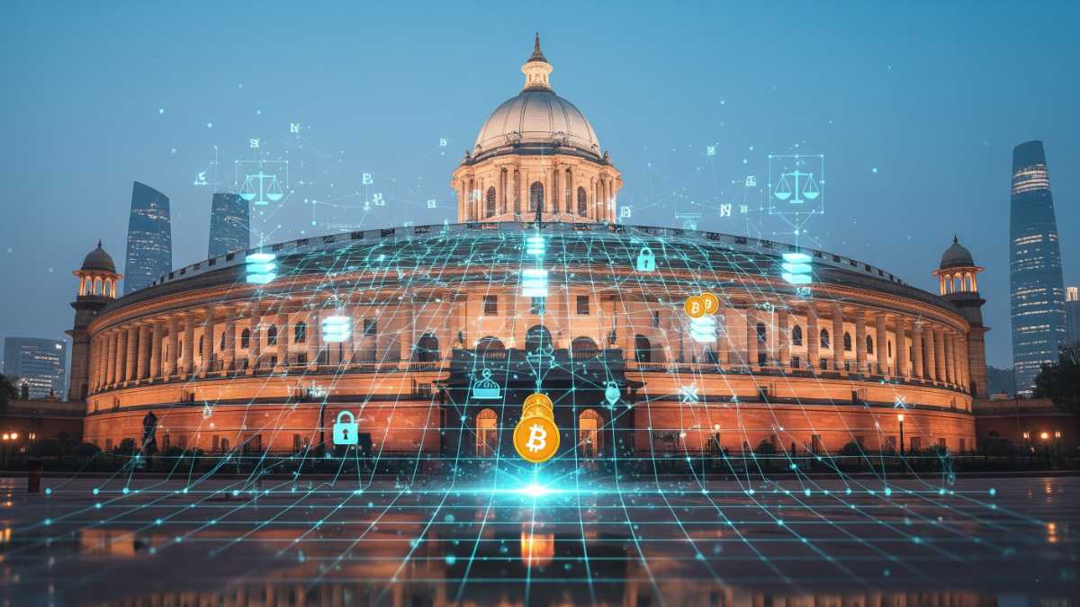 Indian Parliament building with a holographic blockchain grid