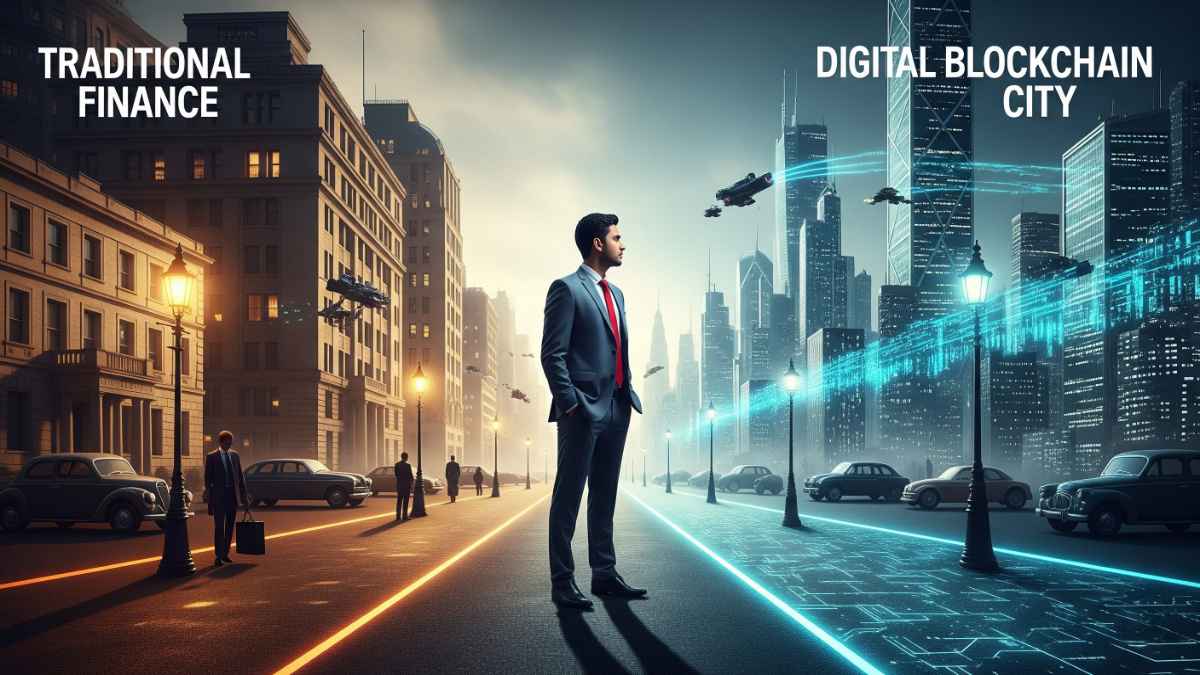 Indian investor standing at a crossroads with two paths: traditional finance on one side, digital blockchain city on the other