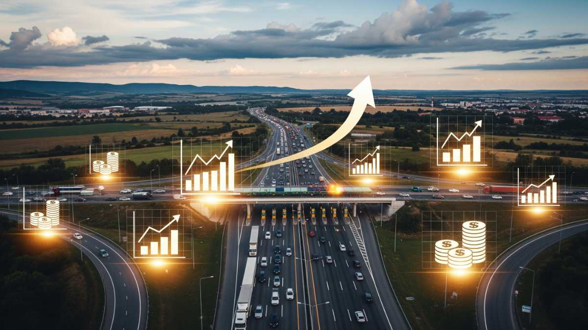 National highway with trucks and cars, overlaid with financial graph icons