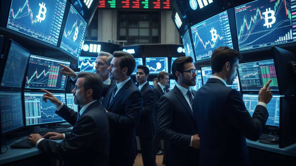 institutional investors in suits analyzing digital currency screen