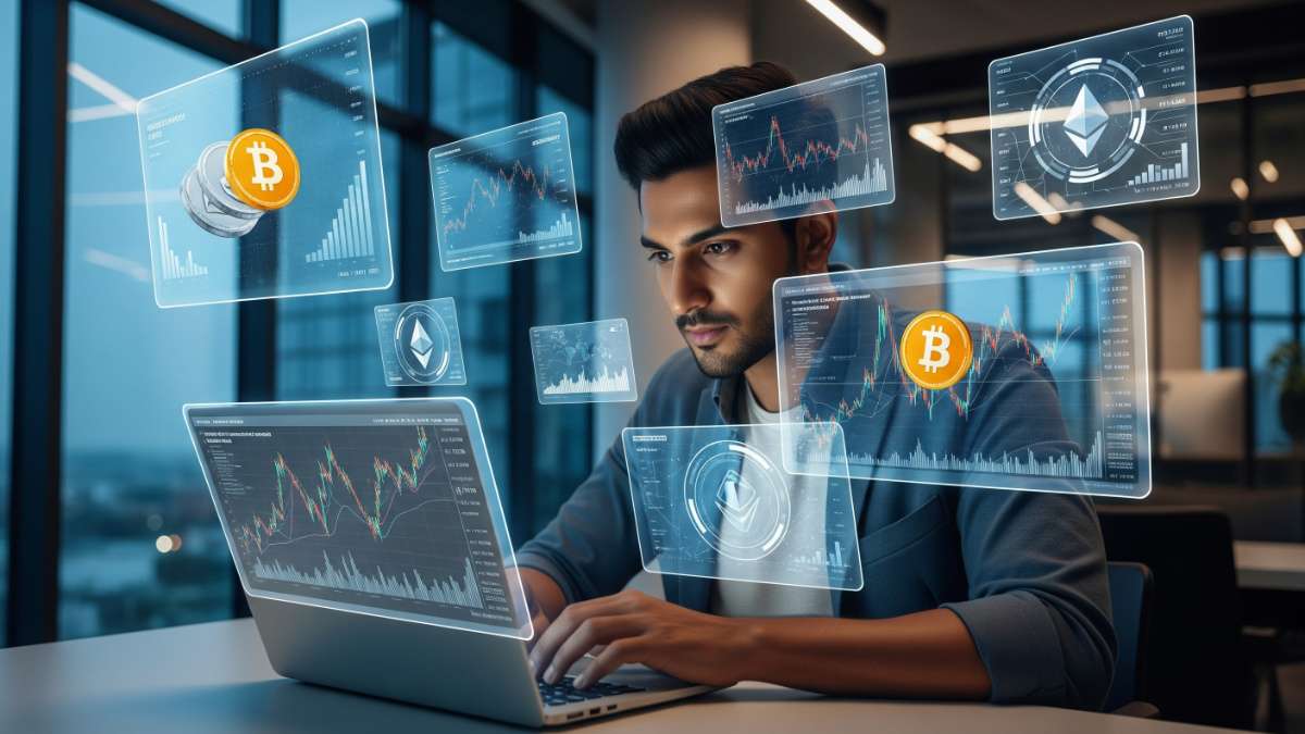 Young Indian tech-savvy investor using laptop with crypto charts