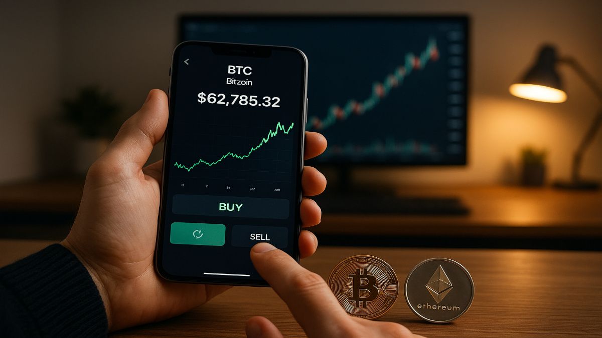 happy investor checking a rising crypto