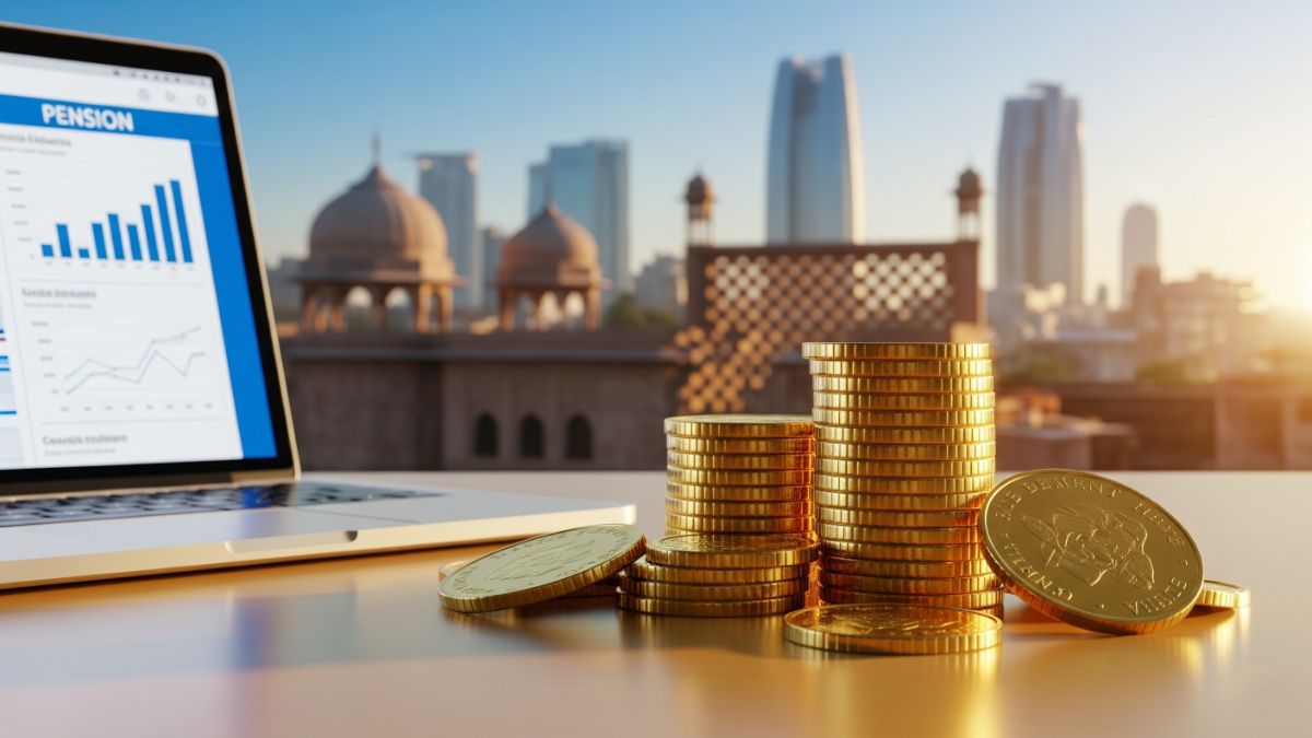 An elegant Indian retirement planning concept, showing gold coins, modern city skyline, and a digital pension document