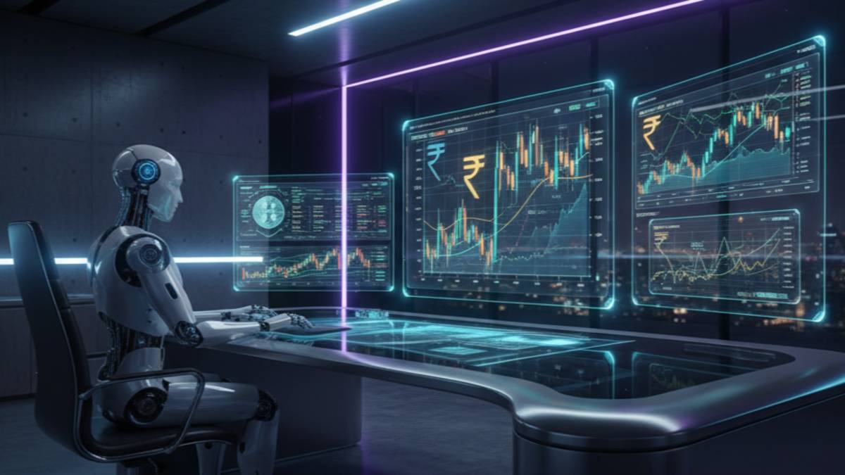 AI-driven crypto backtesting in India with holographic trading interface and rupee-focused market analysis.
