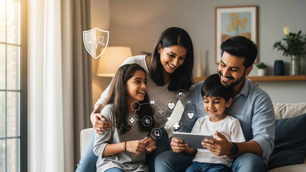 Happy indian family with health icons