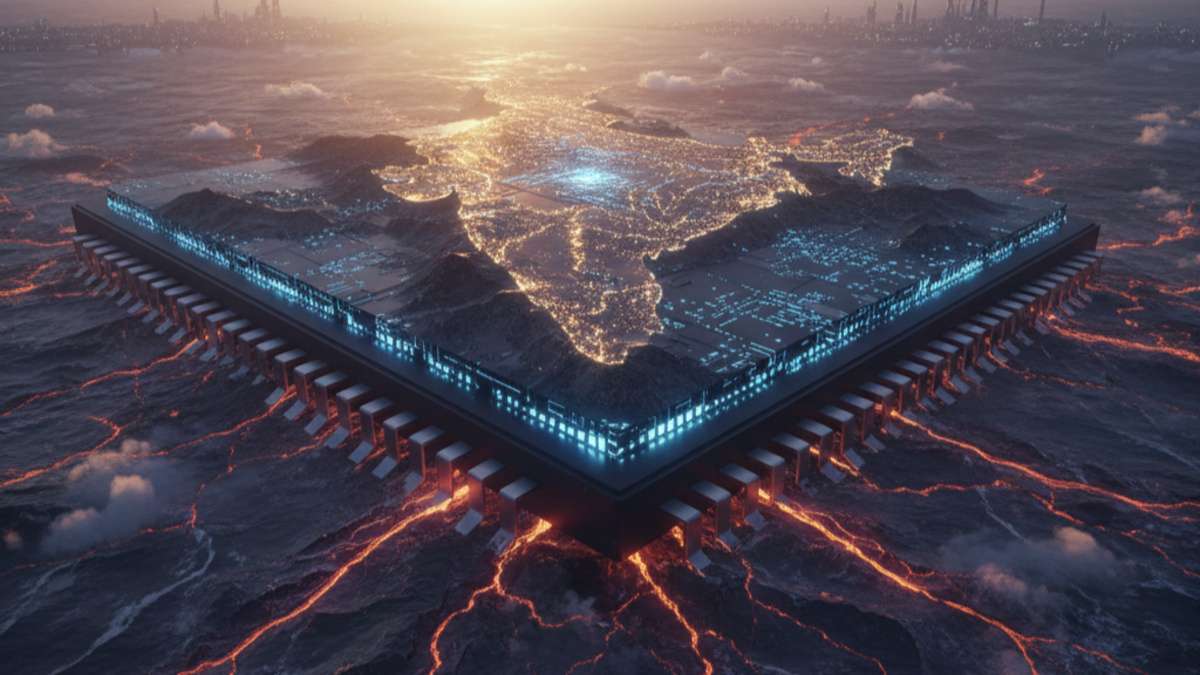 A giant glowing silicon chip emerging from beneath the Indian subcontinent like a tectonic plate shift