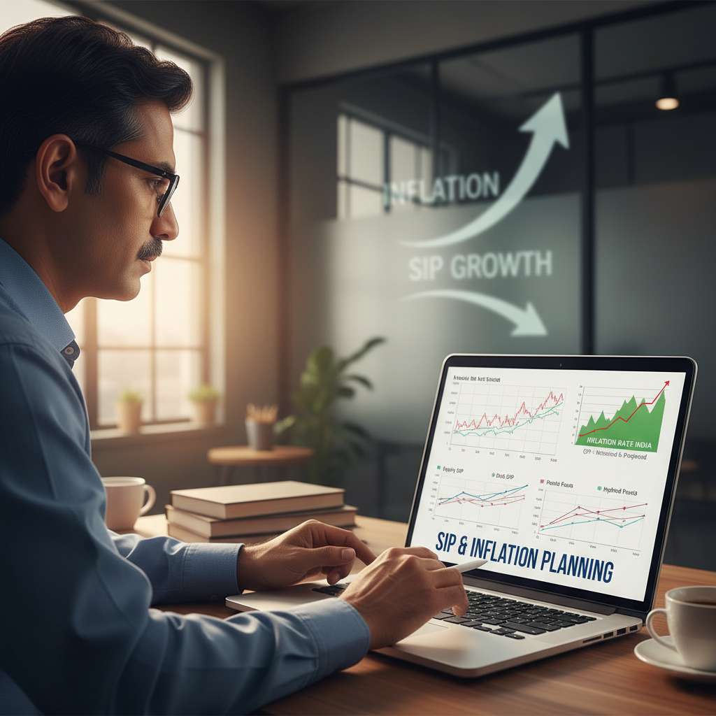 Indian man with sip and inflation planning on his laptop screen