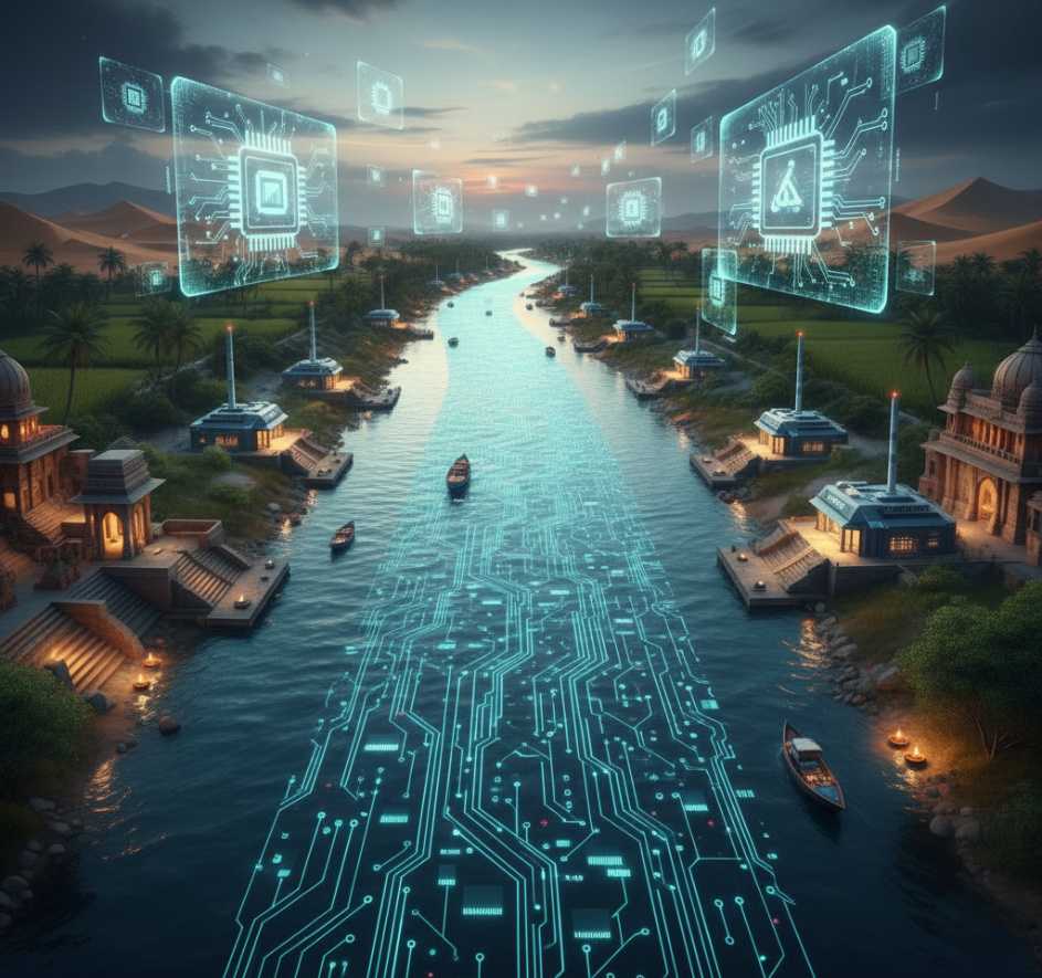 Flowing river made of glowing circuit lines streaming through iconic Indian landscapes