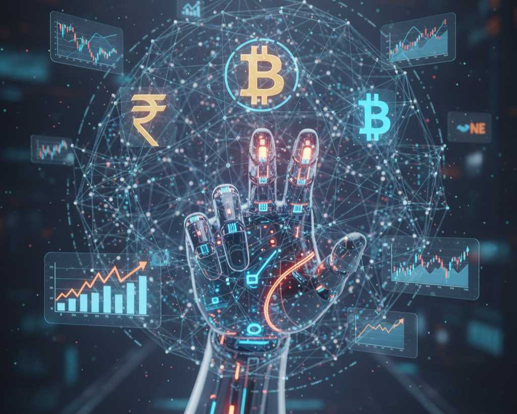 AI hand managing global stock and crypto markets with Indian rupee and Bitcoin symbols