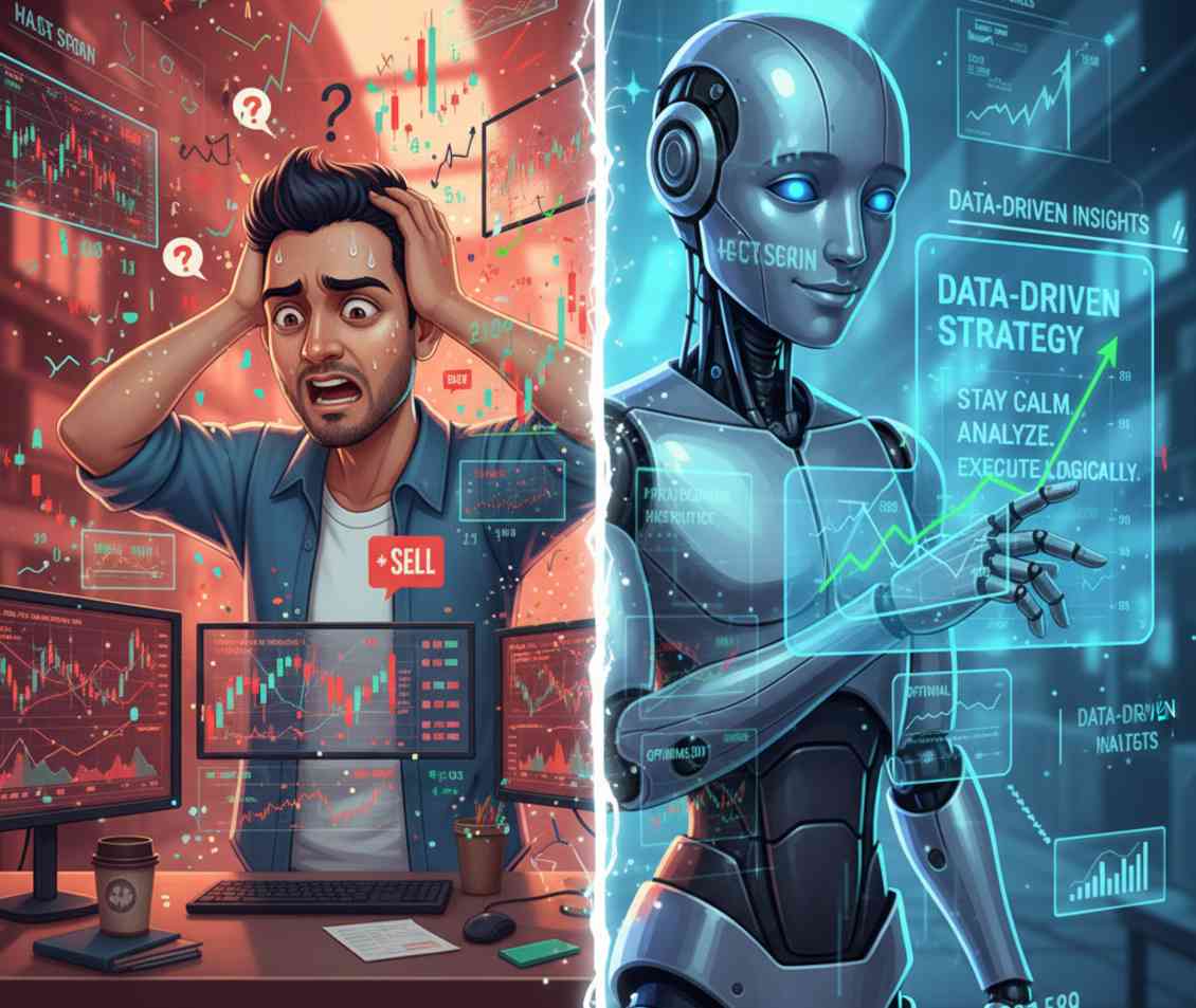 Contrast between human confusion and AI clarity in trade analysis.