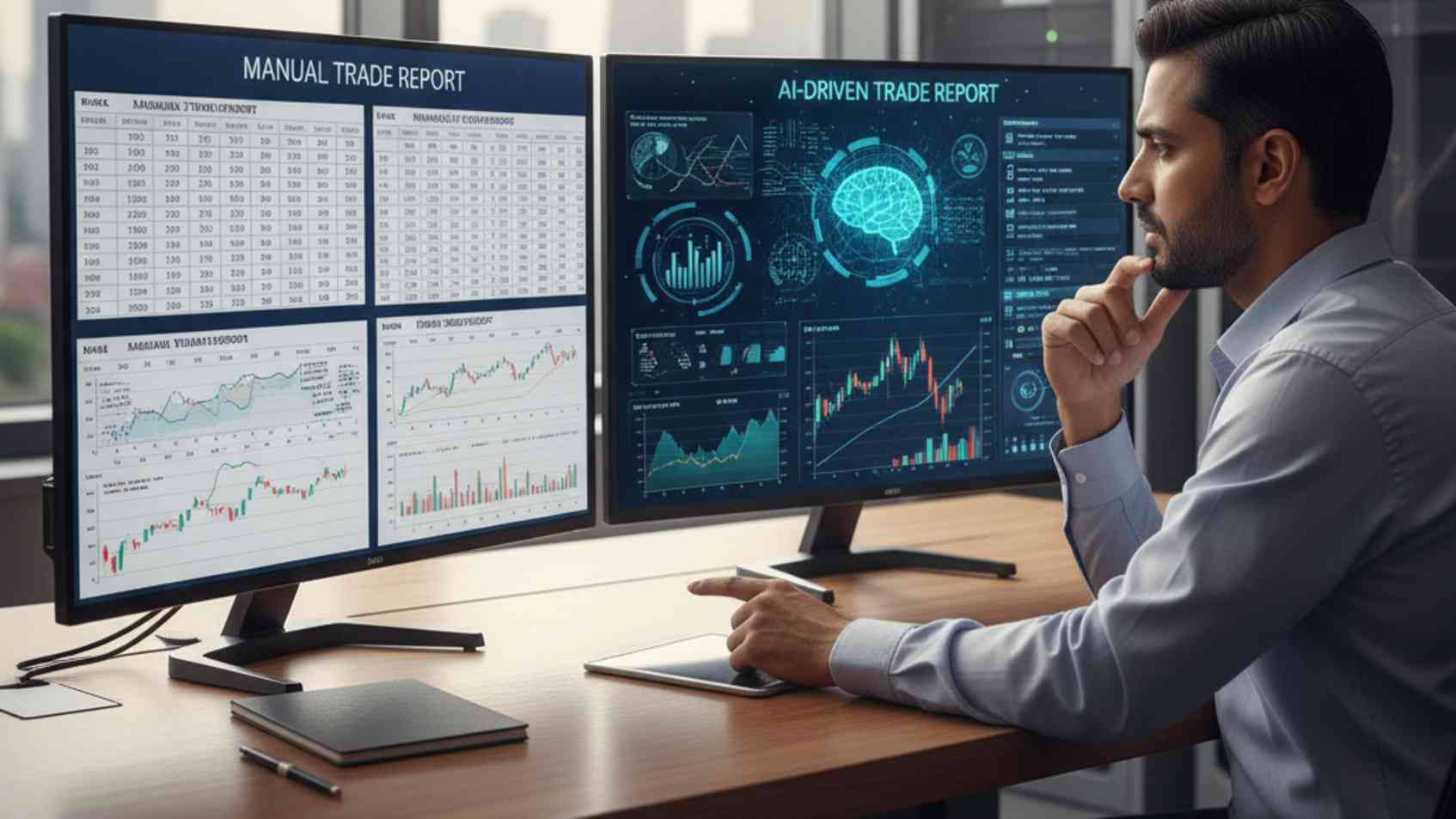 Trader using AI analysis tools to review Indian market trades.