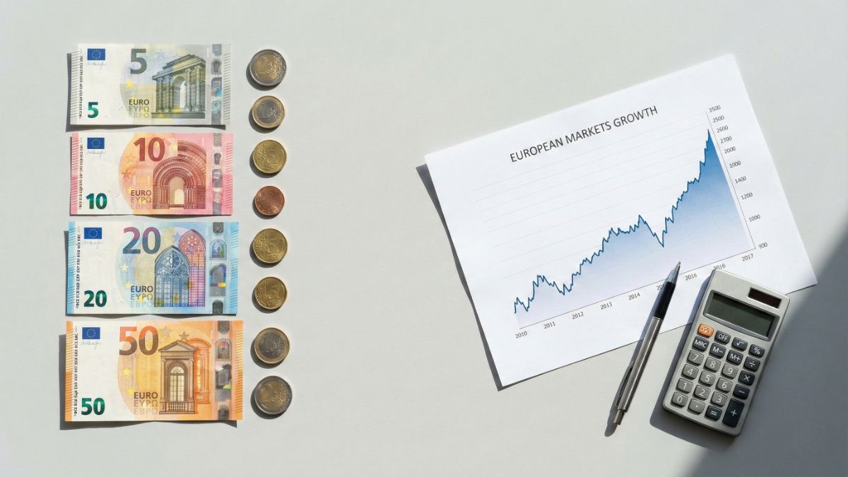 European market growth chart with coins and notes