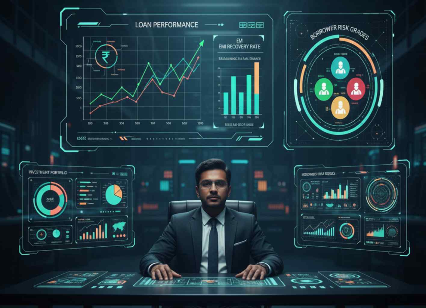 indian man watching loan performance on futuristic screen