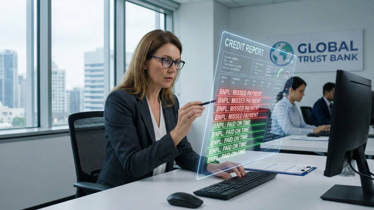bank credit officer examining a credit report with BNPL entries