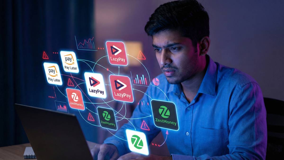 young Indian professional surrounded by BNPL apps