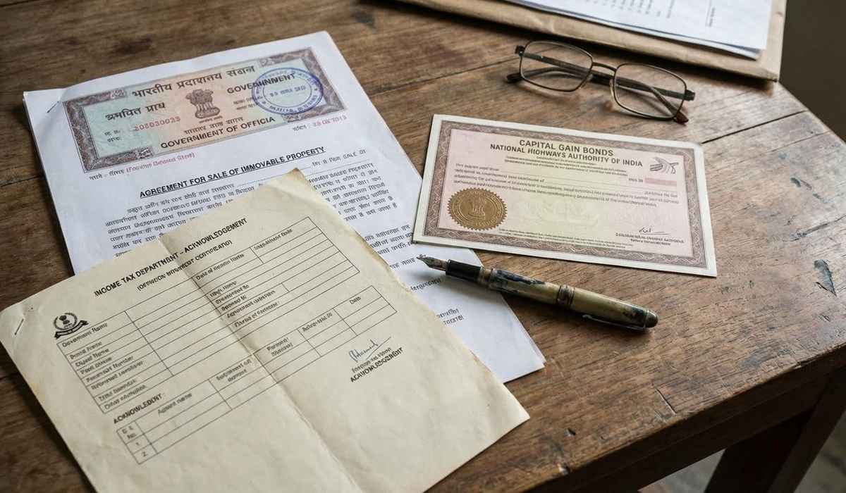 Close-up of Indian property sale agreement and tax documents on wooden desk, alongside neatly placed bond certificate labeled “Capital Gain Bonds