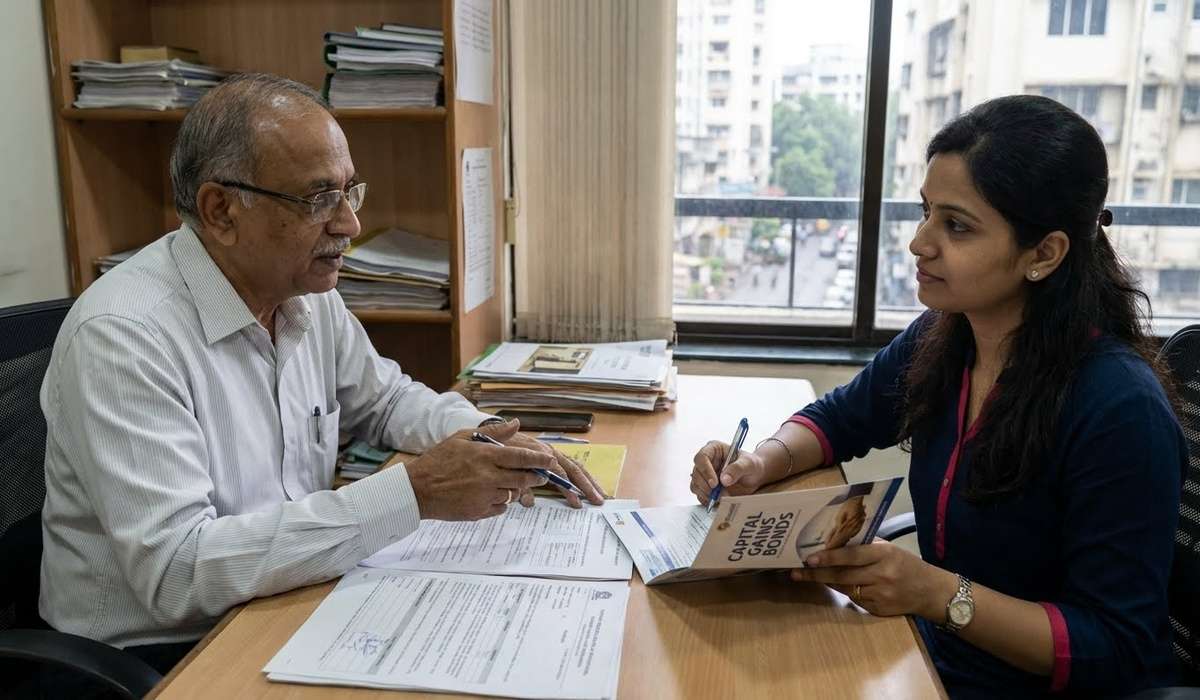 Indian financial advisor explaining tax-saving options to a property seller across a desk