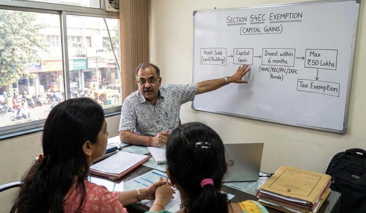 Indian middle-aged property owner reviewing sale documents at a clean office desk, “Capital Gain Bonds” document visible, calculator and property papers nearby