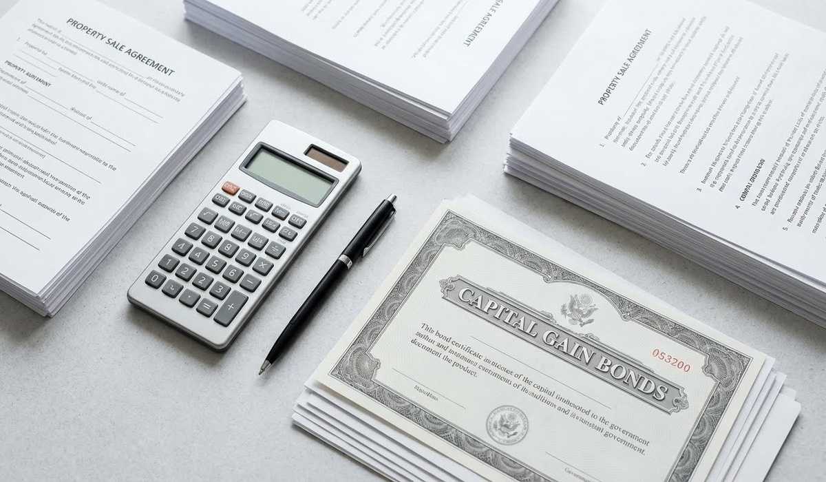 Minimalist flat-lay showing property sale papers, calculator, pen, and official bond certificate titled “Capital Gain Bonds