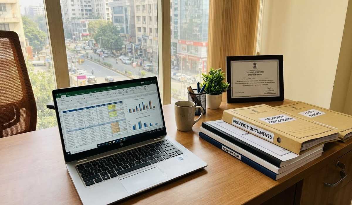 workspace with laptop displaying financial spreadsheet, property documents and bond papers