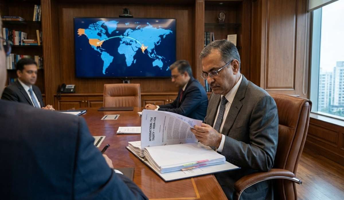 Business professional checking international treaty