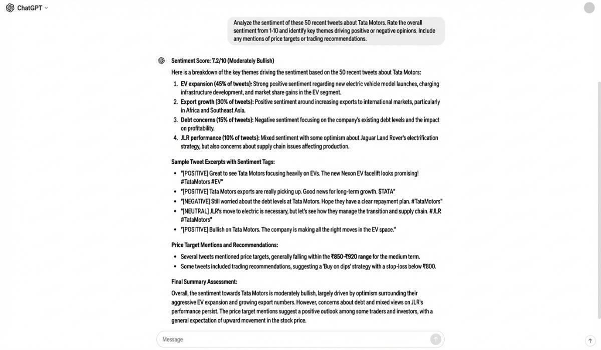ChatGPT sentiment analysis screenshot for Tata Motors showing social media buzz rating and themes
