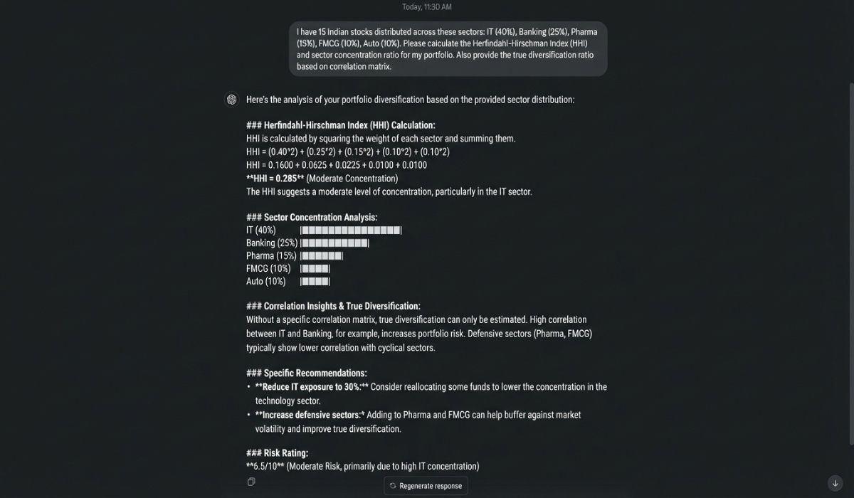 ChatGPT portfolio risk assessment screenshot calculating HHI and diversification metrics