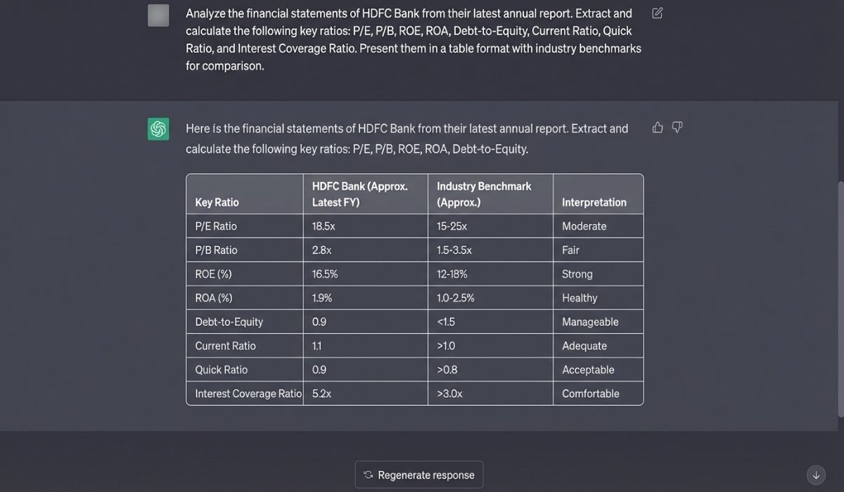 ChatGPT screenshot extracting financial ratios from HDFC Bank annual report with comparison table