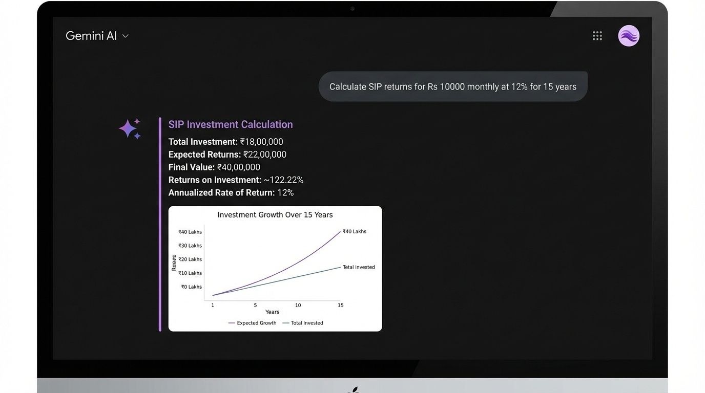 Gemini AI calculating SIP mutual fund returns showing 15-year investment projection with detailed breakup for Indian investors