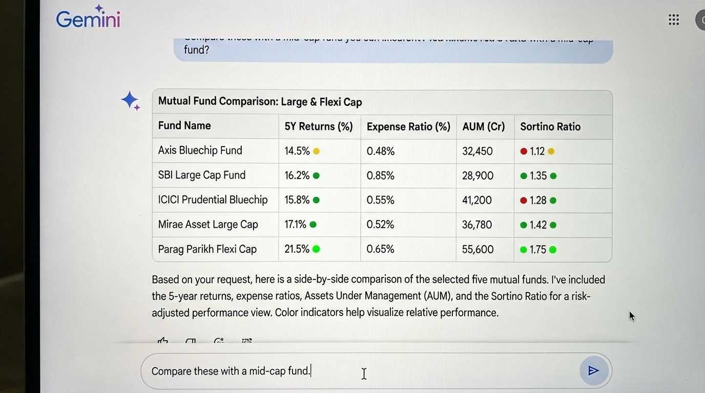 Gemini AI comparison table showing performance metrics, expense ratios, and risk indicators for top 5 Indian large-cap mutual funds