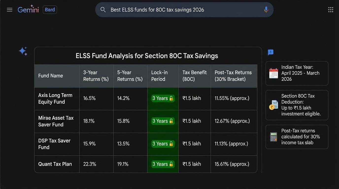 Gemini AI analyzing best ELSS tax-saving mutual funds for 80C deductions with returns and tax benefits calculation