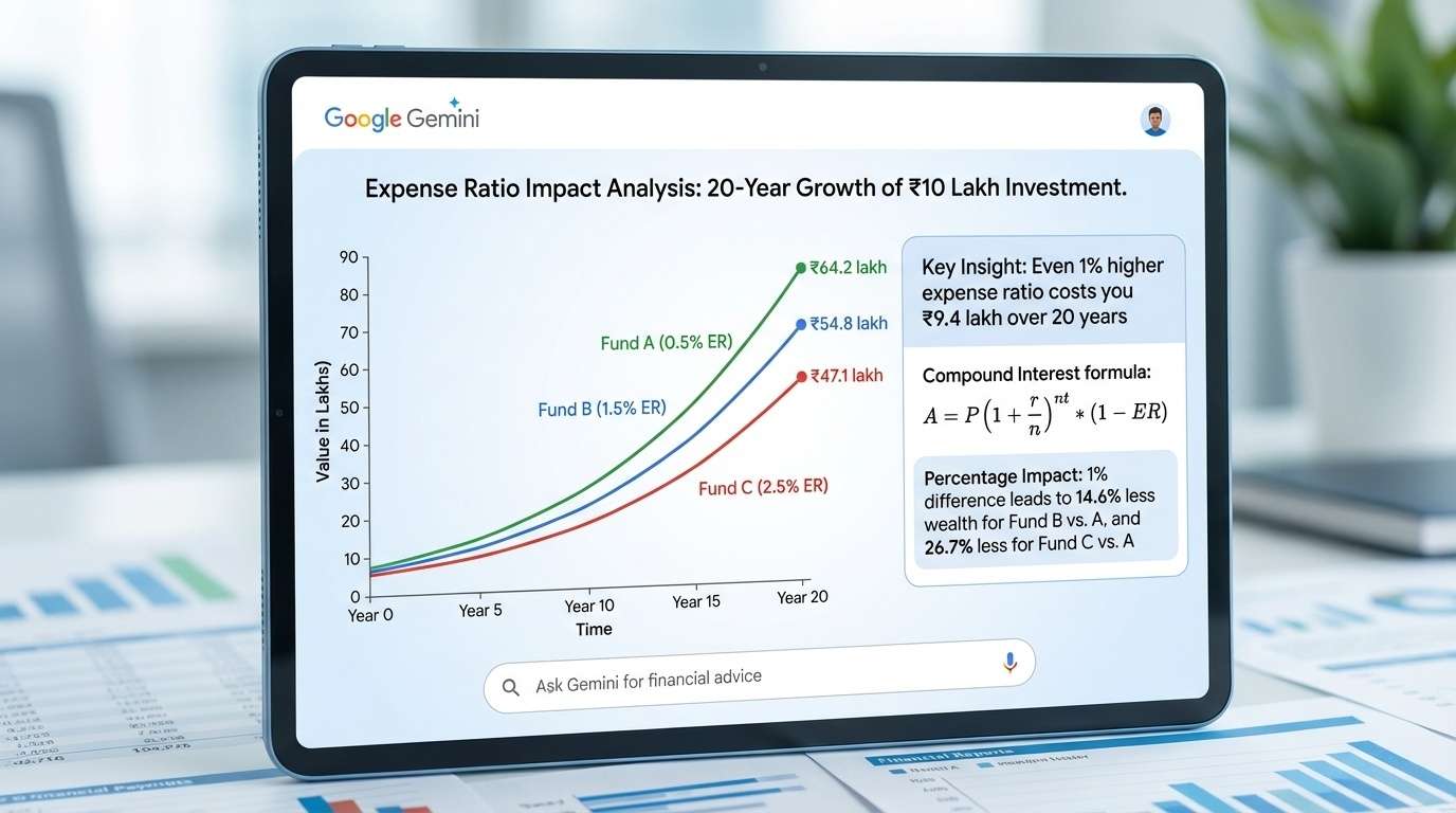 Gemini AI visualizing how expense ratios impact long-term mutual fund returns with 20-year projection comparison