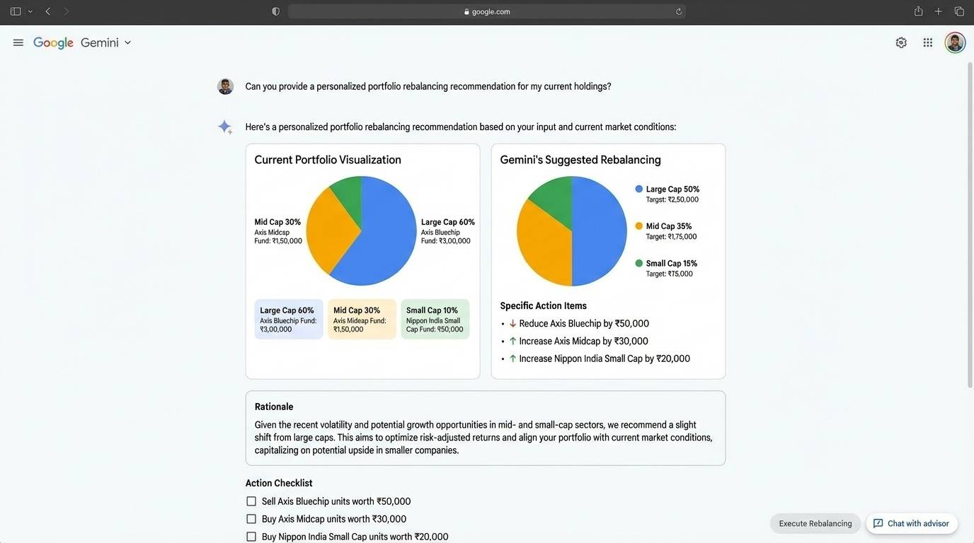 Gemini AI providing portfolio rebalancing recommendations with specific action items for optimizing mutual fund allocation