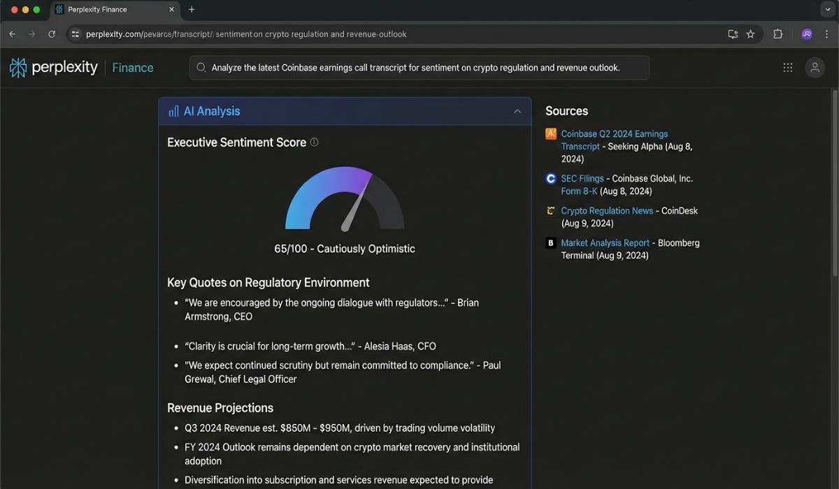 Perplexity Finance analyzing Coinbase earnings transcript for regulatory sentiment and crypto revenue outlook