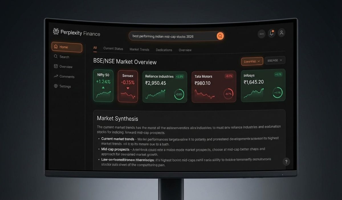 Perplexity Finance interface — showing a BSE/NSE market overview dashboard