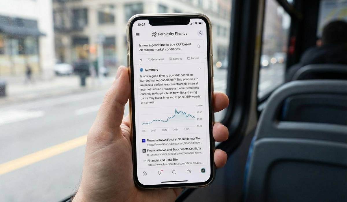 Perplexity Finance mobile app on iPhone showing XRP buy timing analysis with AI response and market data
