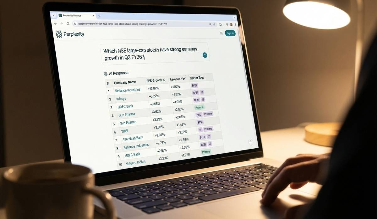 laptop screen showing the Perplexity Finance search interface with a typed query reading "Which NSE large-cap stocks have strong earnings growth in Q3 FY26?