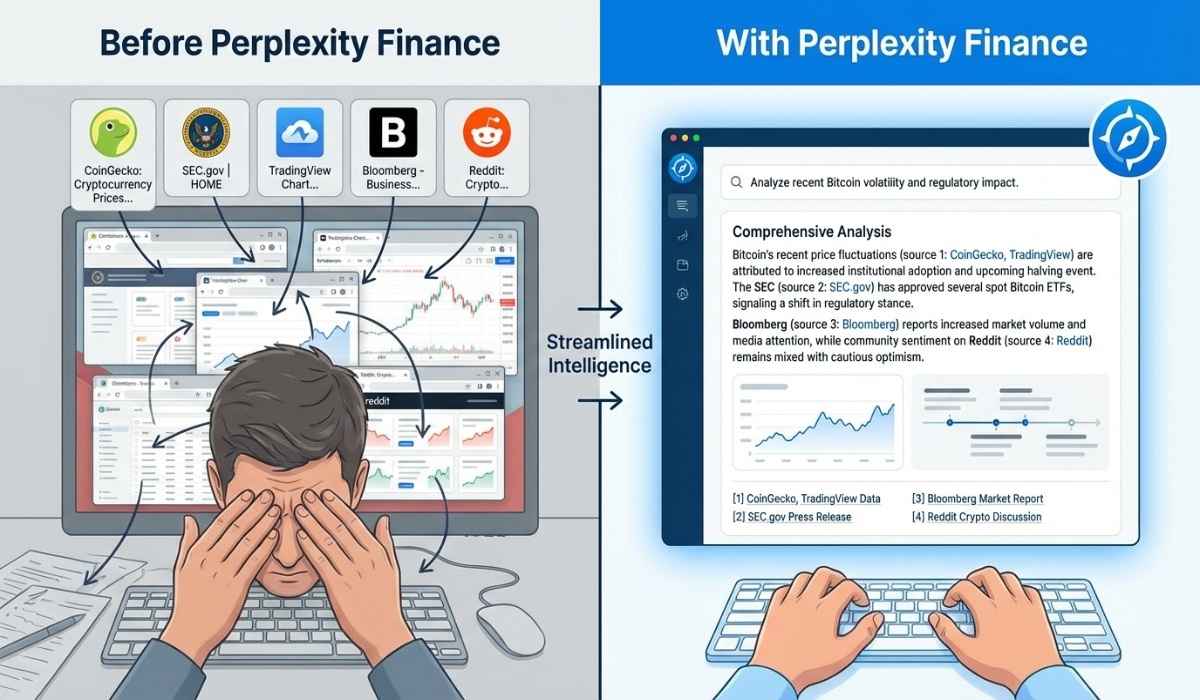 Comparison infographic showing cluttered multi-tab crypto research versus a single unified Perplexity Finance AI query