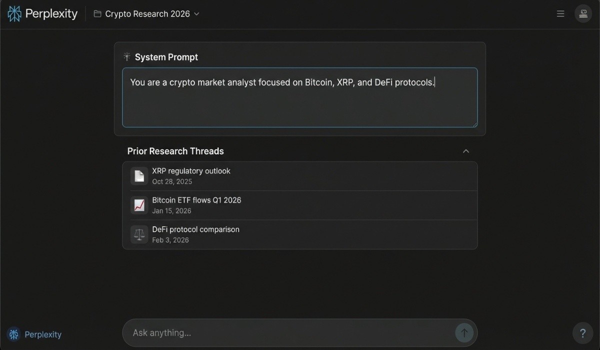 Perplexity Spaces interface showing a custom crypto research environment with Bitcoin, XRP, and DeFi research threads
