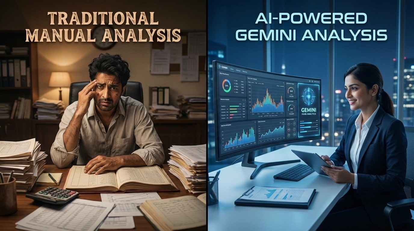 Comparison of traditional manual mutual fund research versus AI-powered Gemini analysis for Indian investors