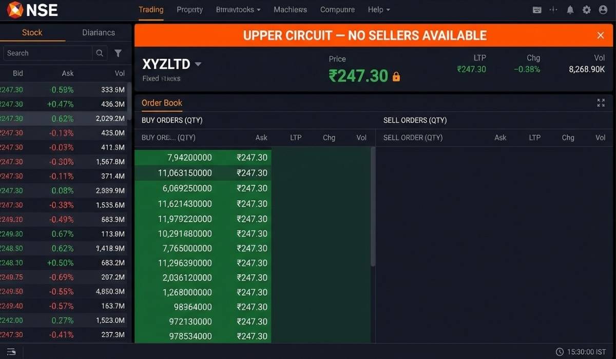 A real NSE trading screen screenshot recreation showing a stock frozen at upper circuit