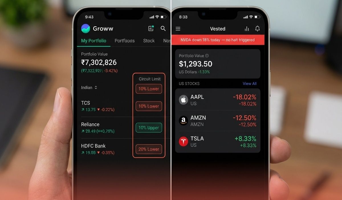 Left half shows Groww app — Indian portfolio with circuit limits clearly visible on each stock.  Right half shows a US stock portfolio on Vested — same investor, larger price swings visible.