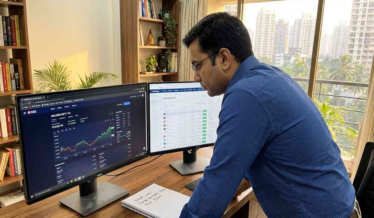 Indian investor is analyzing dual monitors — one showing NSE/BSE data in Indian rupees, the other showing a US brokerage platform with dollar-denominated stock prices.