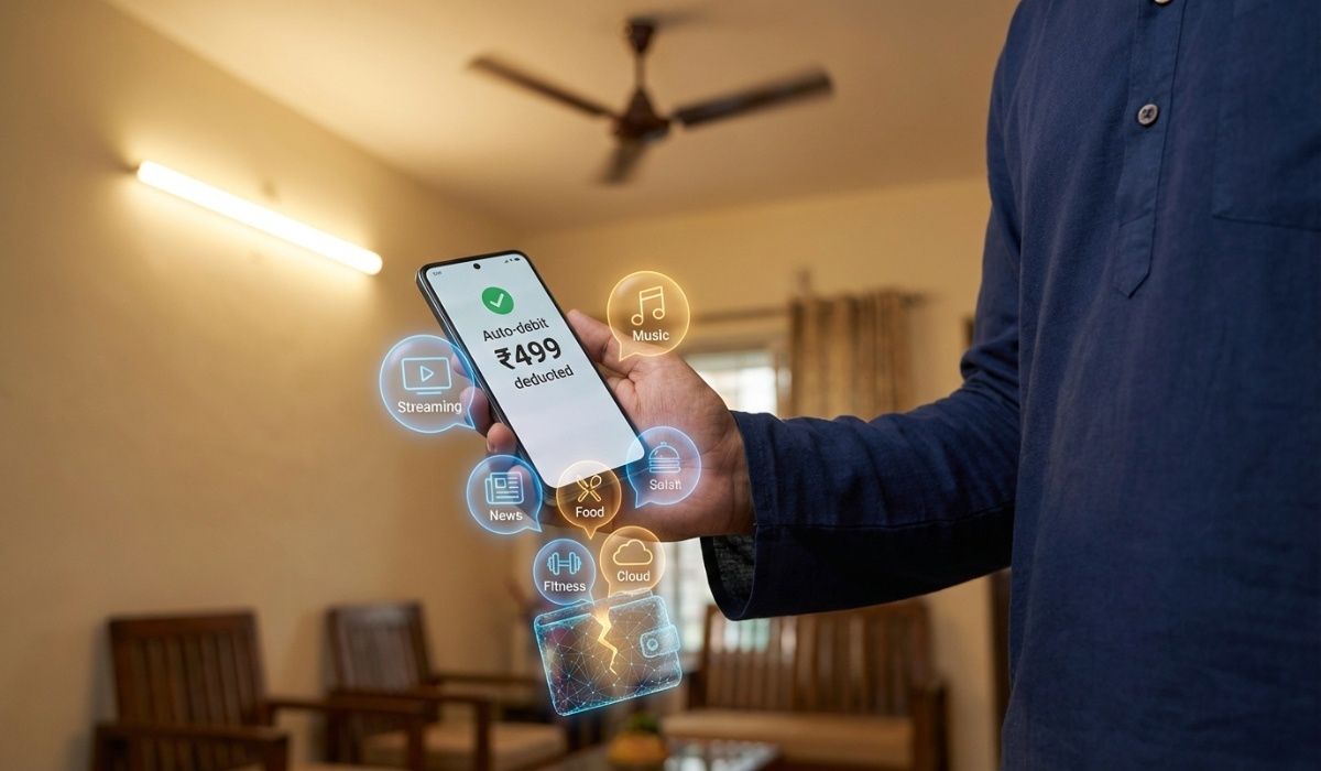 bank notification reading "Auto-debit ₹499 deducted" with 6–7 app subscription icons floating around the phone