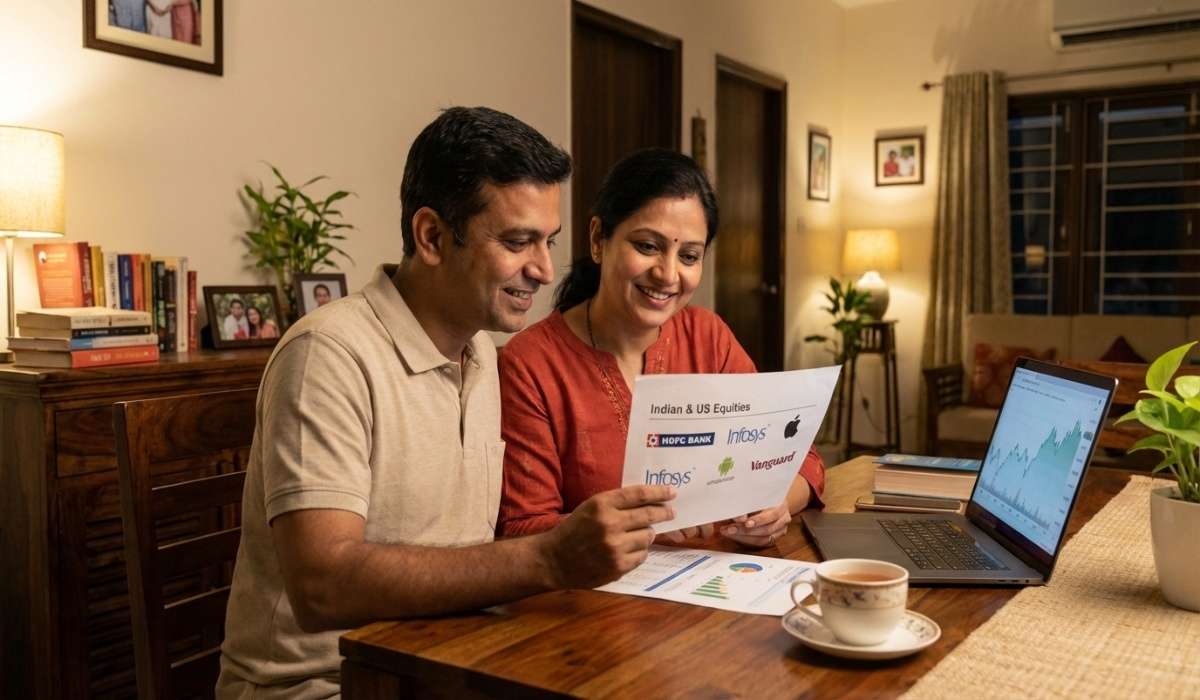 Indian couple reviewing a printed investment portfolio that shows both Indian and US stocks.