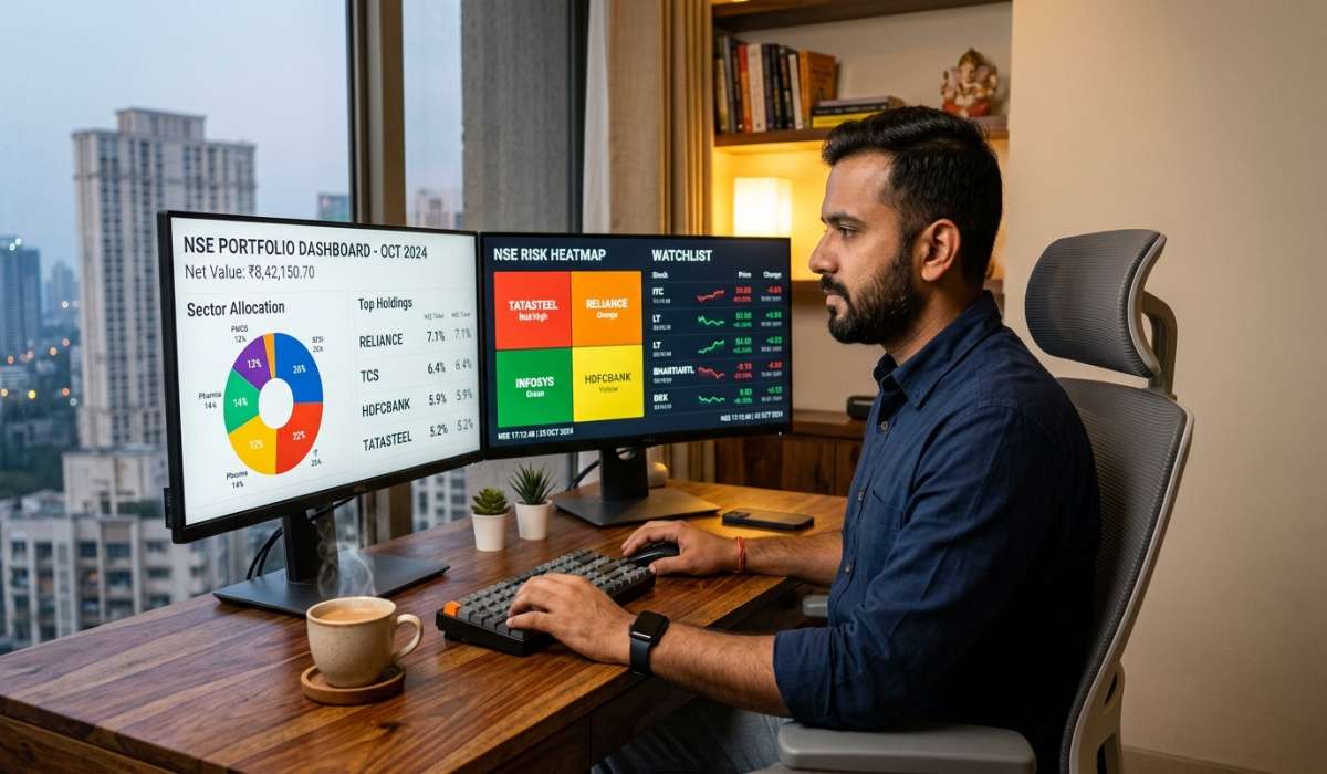 Indian retail investor analyzing AI portfolio dashboard at home office