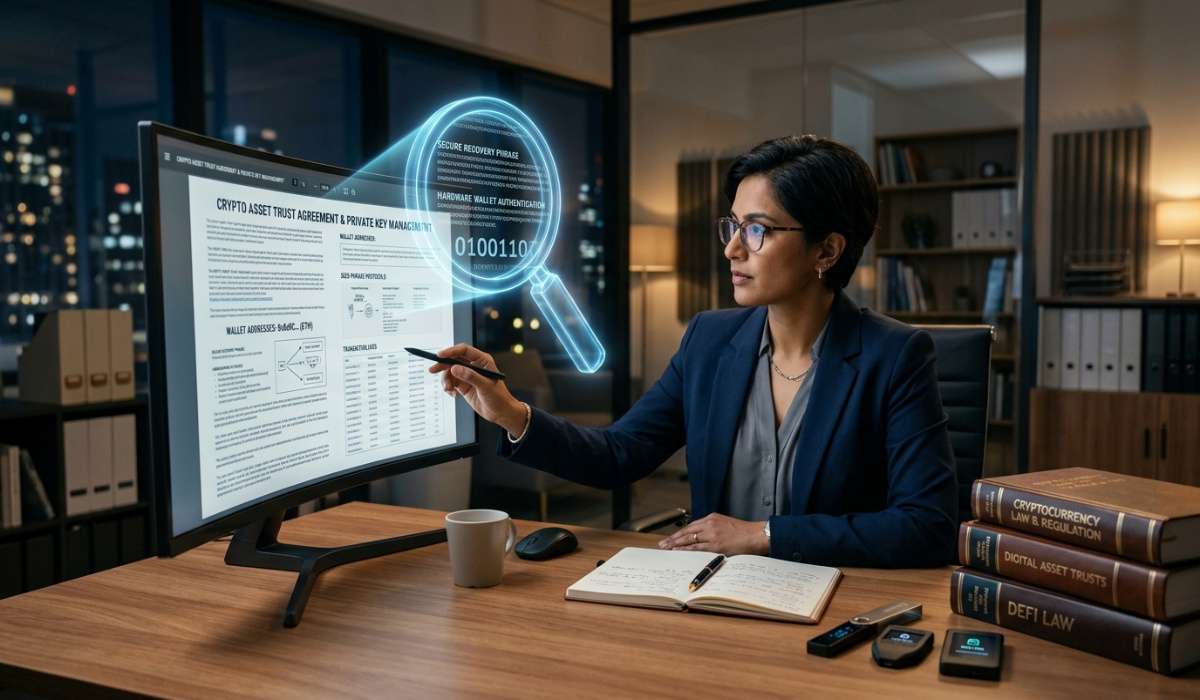 Digital asset trustee managing cryptocurrency inheritance legal documents"